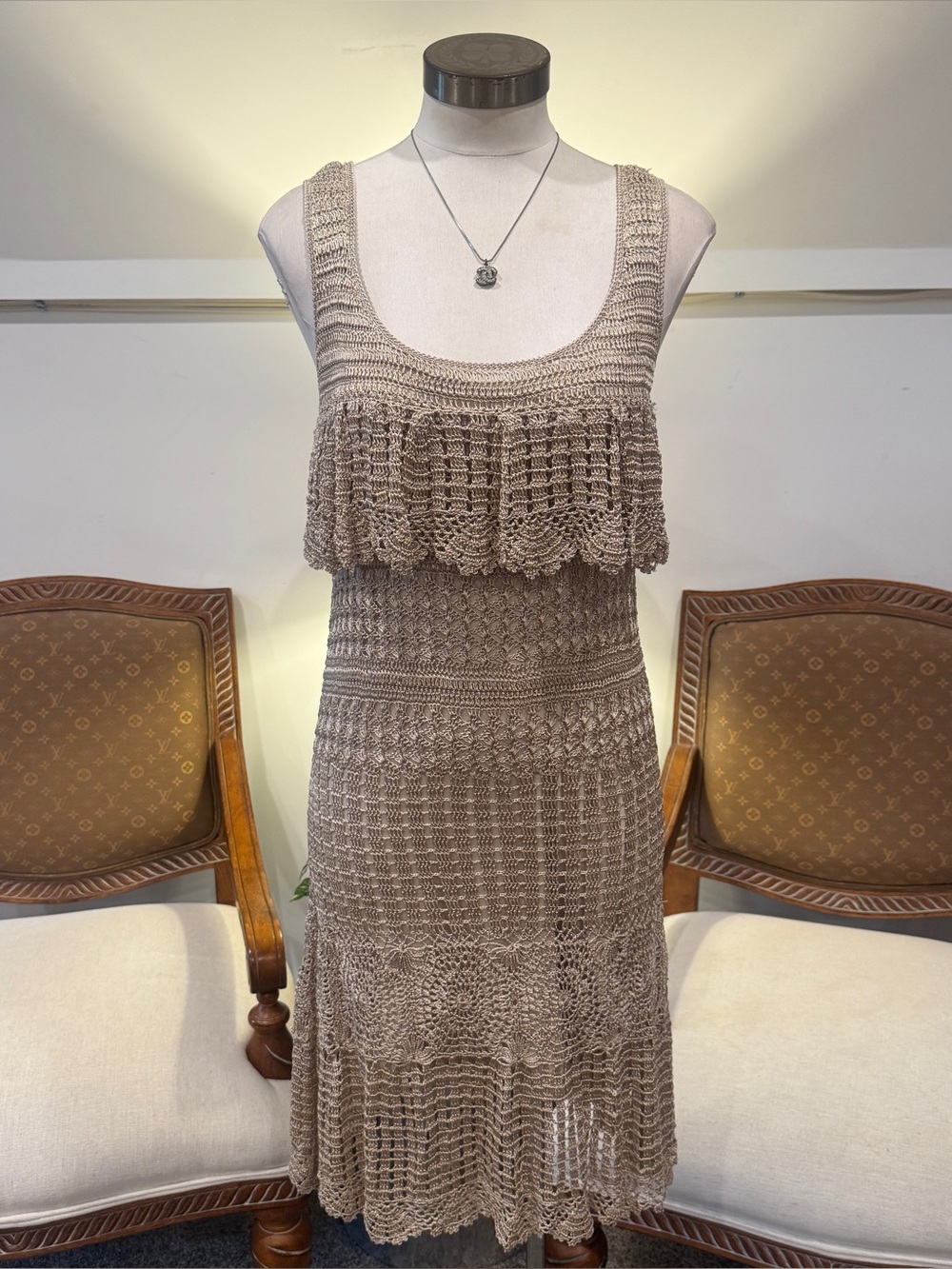 Vintage 90s Cache Sleeveless Crochet Midi Dress S in Taupe Sand Rayon Boho Fairy
